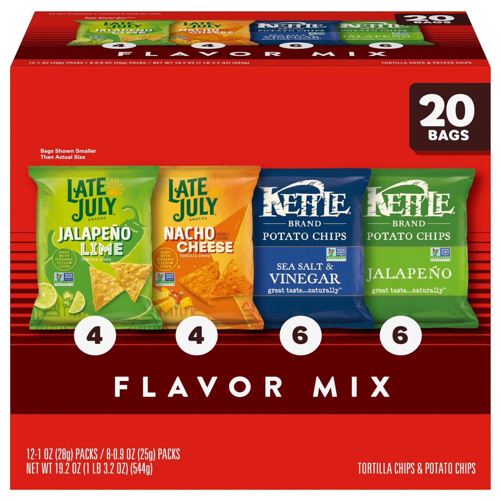 Late July Snacks Organic Tortilla Chips, OG3 Variety Pack, 20-Count Single Serve Bags (Pack of 4)