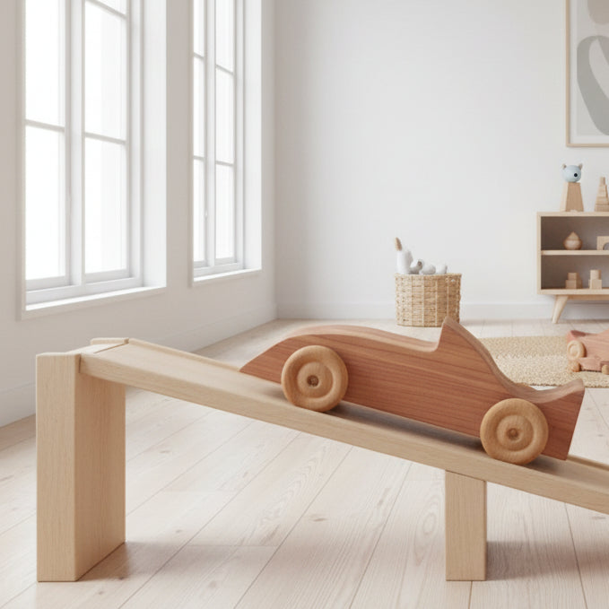 Wooden toy car on a white background
