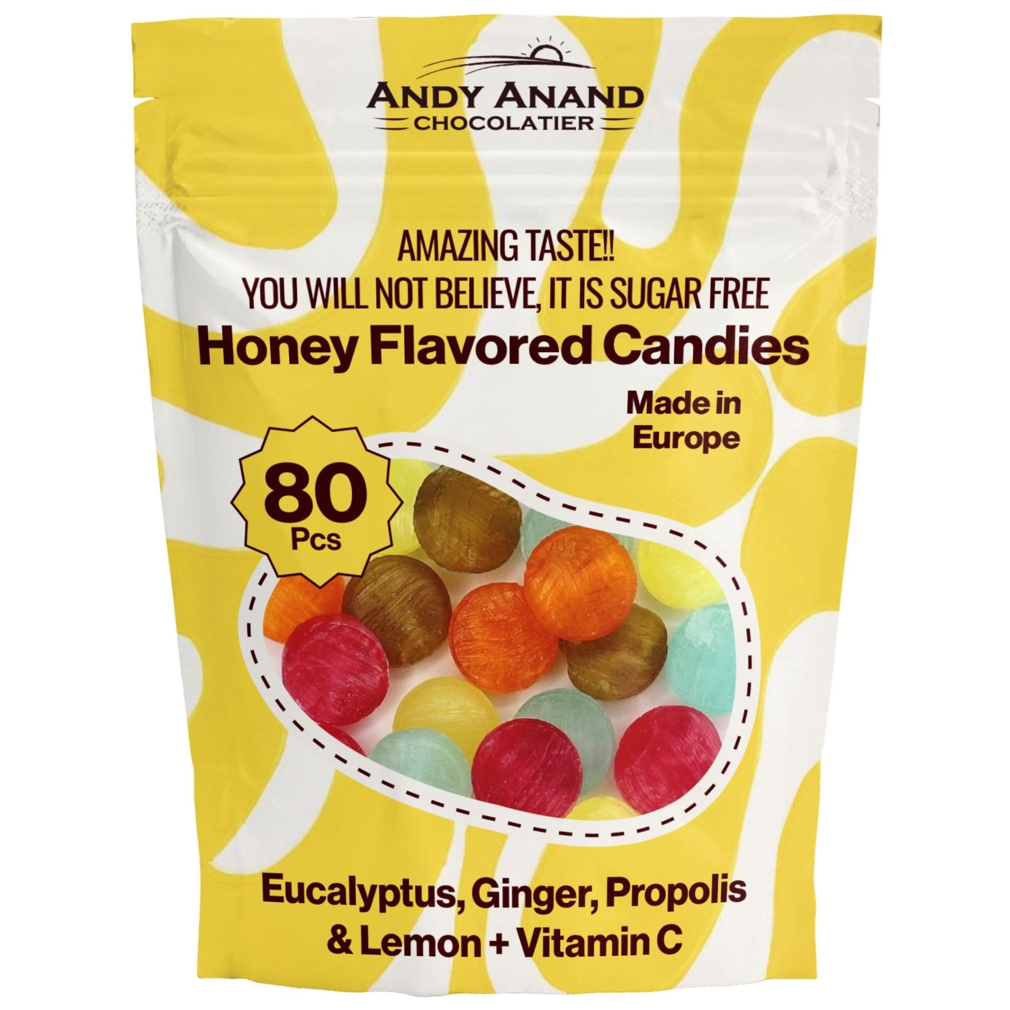 Andy Anand Sugar-Free Honey Ginger Candy with Propolis & Vitamin C (70 pc, 7 oz) | Functional, European | Local SoCal Bakery