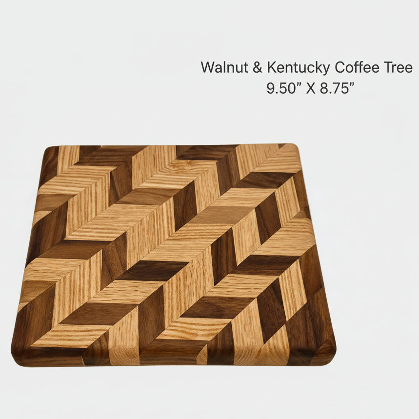 Wooden cutting board with a geometric pattern on a white background
