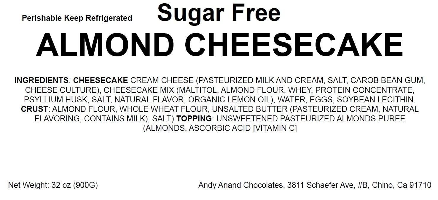 Andy Anand Sugar-Free Almond Cheesecake (9-inch, 2.6 lbs) | Sugar-Free Cheesecake | Local SoCal Bakery