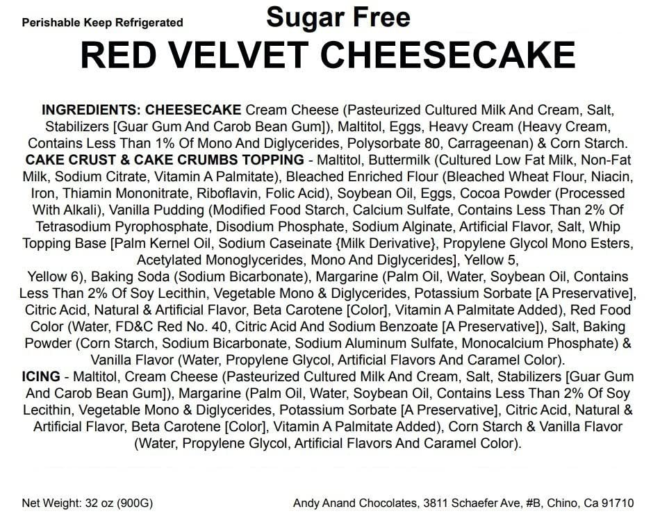 Andy Anand Sugar-Free Red Velvet Cheesecake (9-inch, 2 lbs) | Sugar-Free Cheesecake | Local SoCal Bakery